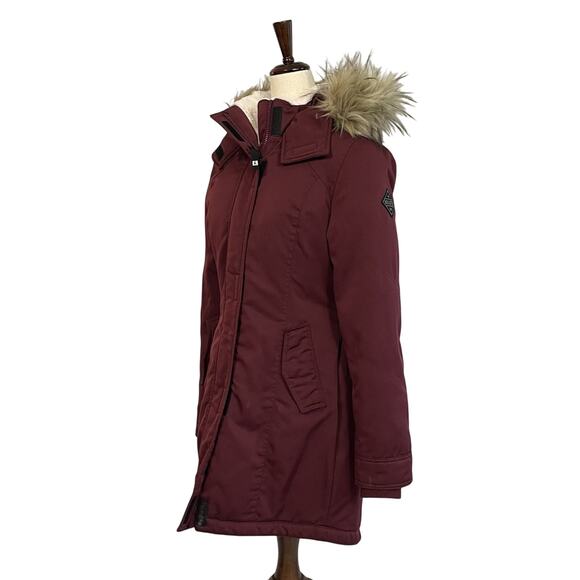 Hollister Thermore Faux Fur Hooded Parka XS Burgundy All-Weather 3/4 Coat - Picture 5 of 13